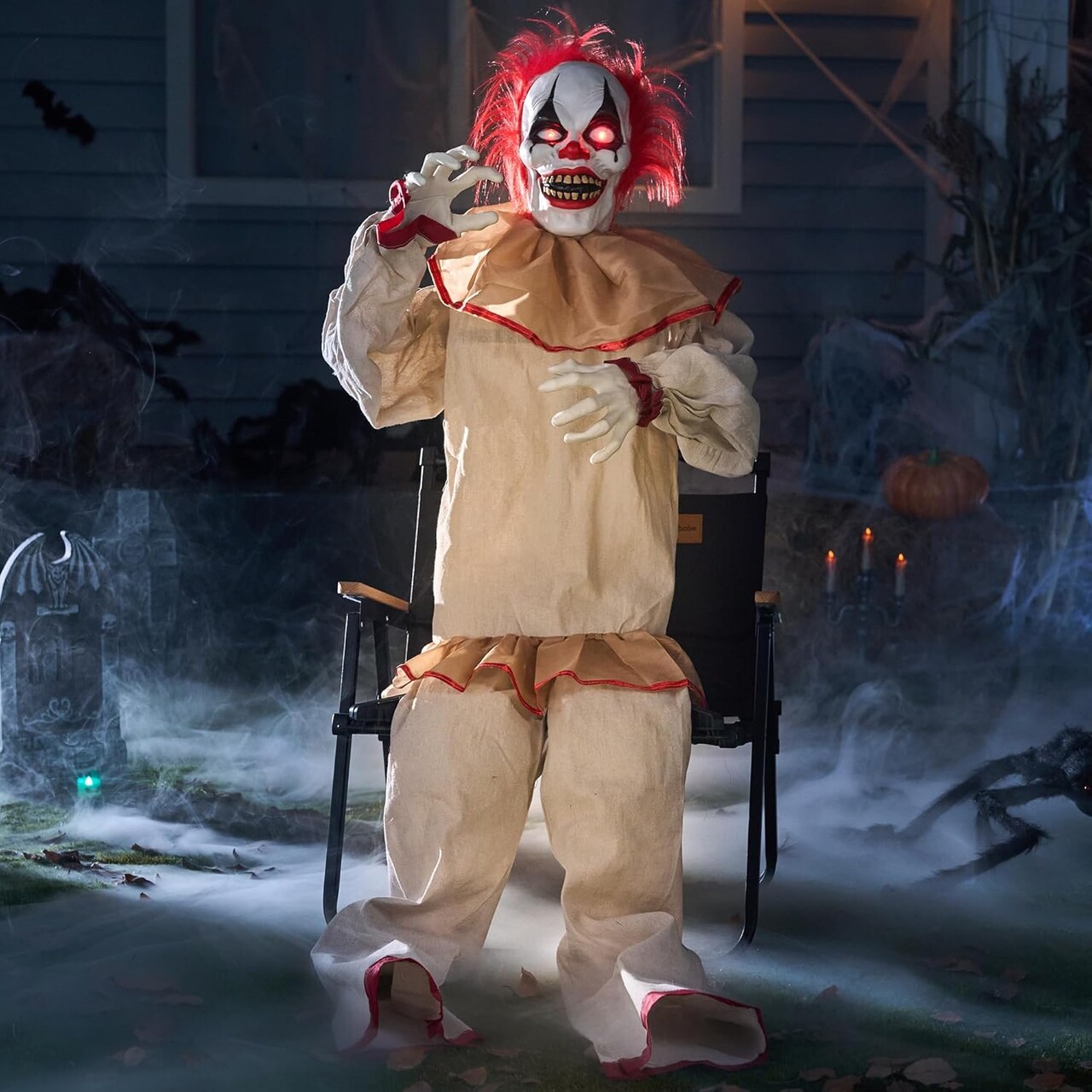 Halloween Animatronics Sitting Clown with Light-Up Eyes, Creepy Sound and Moving Arms & Head, Sound Activated Animated Halloween Decorations for Indoor Haunted House Decor Outdoor Yard Lawn